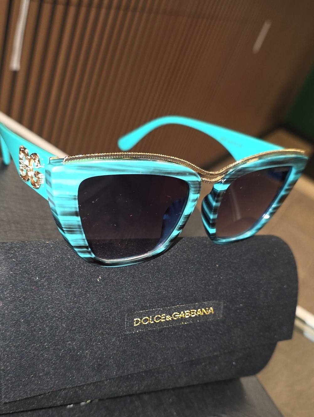 Dolce & Gabbana Turquoise Striped Cat-Eye Sunglasses with Gold Accents
